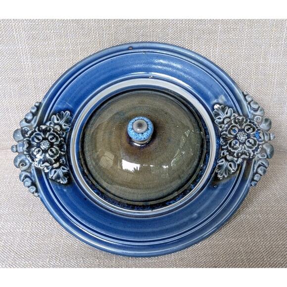 Studio Art Pottery Lidded Dish Bowl Stoneware Blue Glaze Floral Handles Signed - Picture 2 of 9